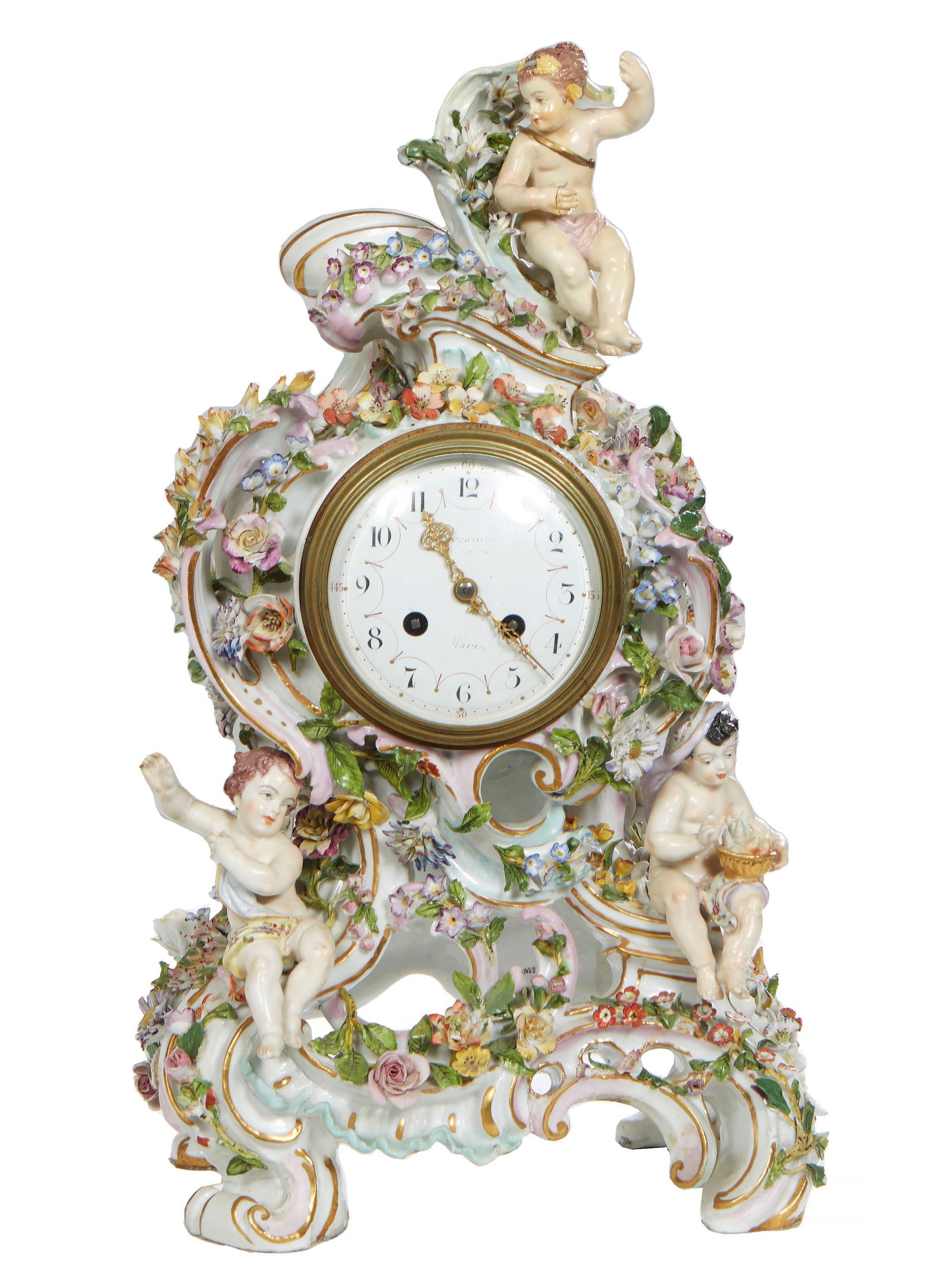 Samson or Meissen Style Porcelain Figural Clock, 20th c., with a putto and floral encrusted crest, (1 of 5)