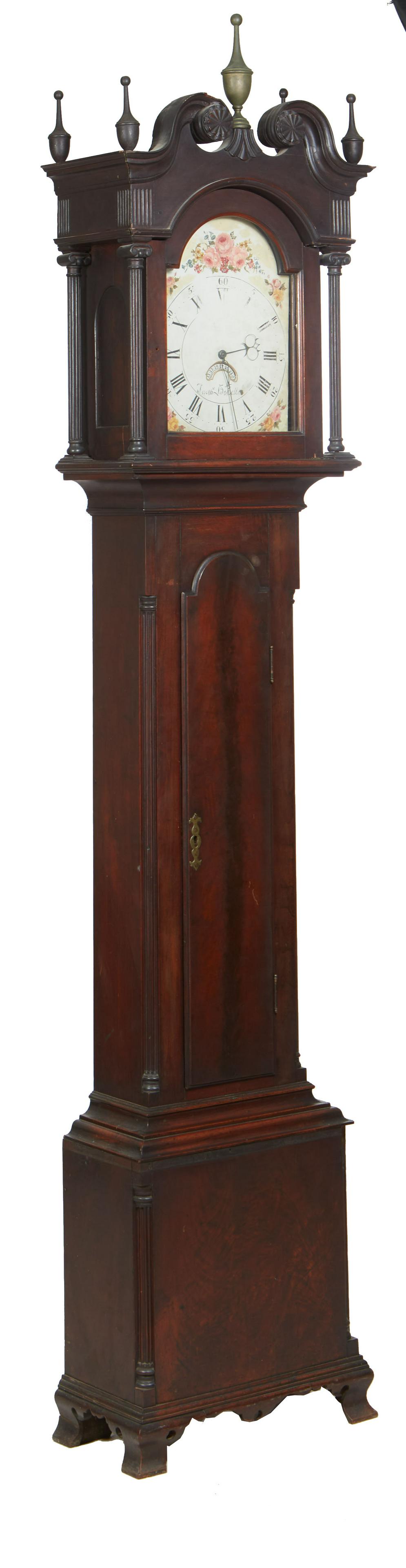 English Carved Mahogany Tallcase Clock, 19th c., the broken arch crown with a central brass finial, (1 of 1)