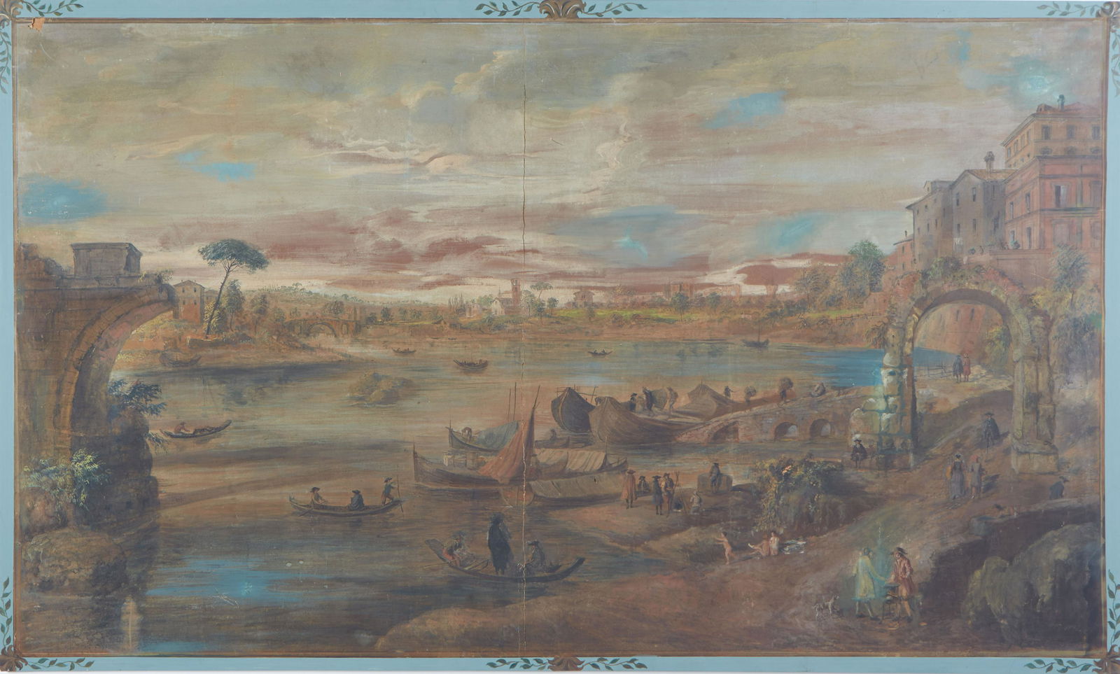 Continental School, "Fishing Boats and Vendors Outside the Walls of the City," gouache on paper with (1 of 4)