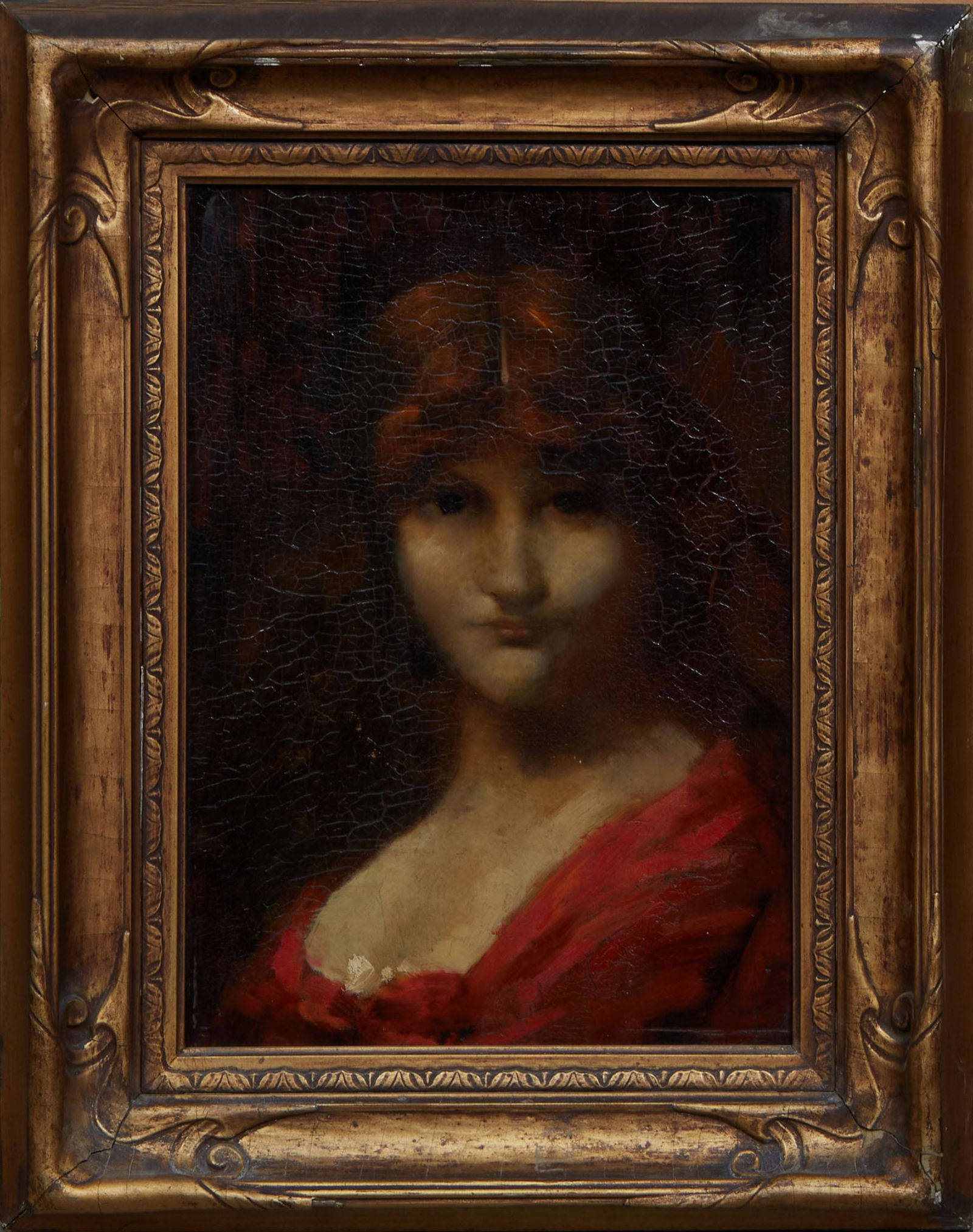 Jean-Jacques Henner (French, 1829-1905) "Bust of a Woman in Red," oil on wood panel, faintly signed (1 of 5)