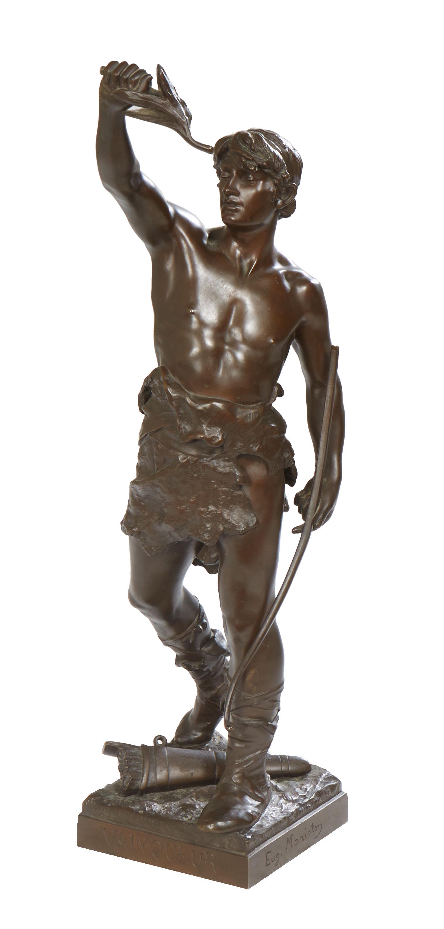 Eugene Marioton (French, 1854-1933), "Vainqueur," early 20th c., patinated bronze,: Eugene Marioton (French, 1854-1933), "Vainqueur," early 20th c., patinated bronze, with an incised signature on the proper left edge of the integral base, marked "Siot Decauville Fondeur, Paris," titl