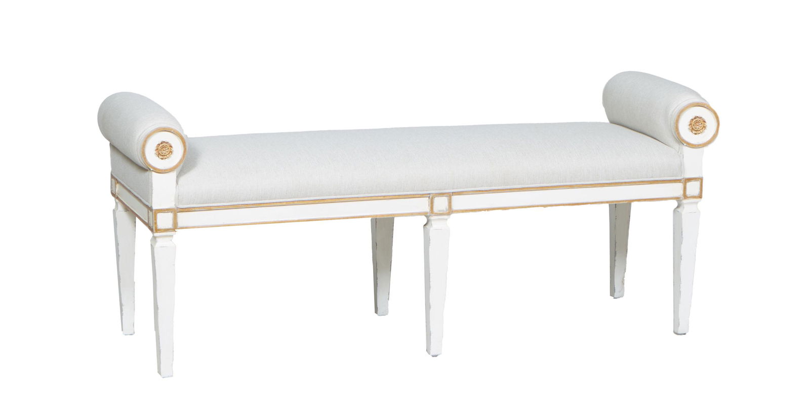 Polychromed Louis XVI Style Long Window Bench, 20th/21st c., by Aftron, with parcel gilt decoration, (1 of 1)