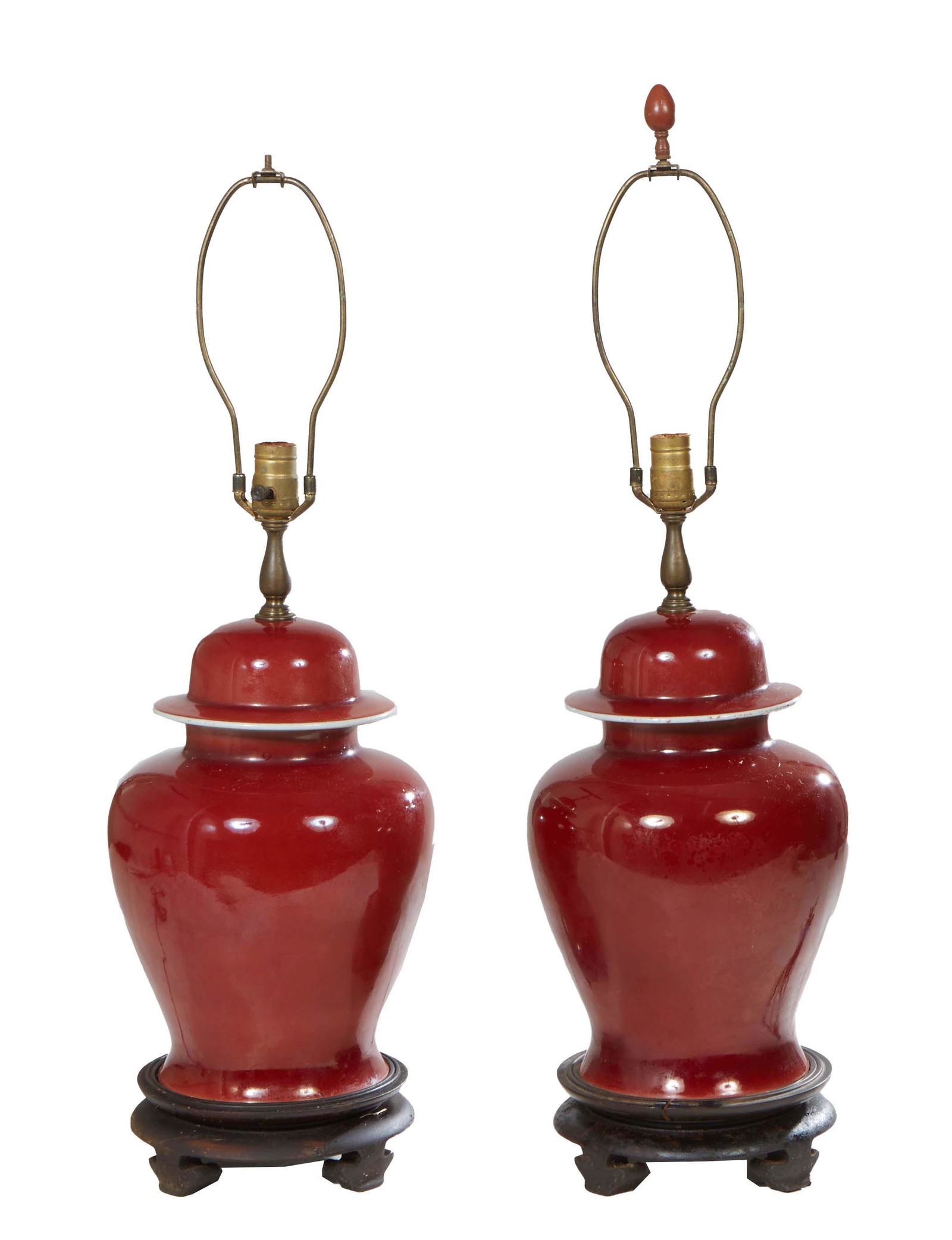 Large Pair of Chinese Oxblood Covered Ginger Jars, 20th c., now mounted on ebonized wood bases and (1 of 4)