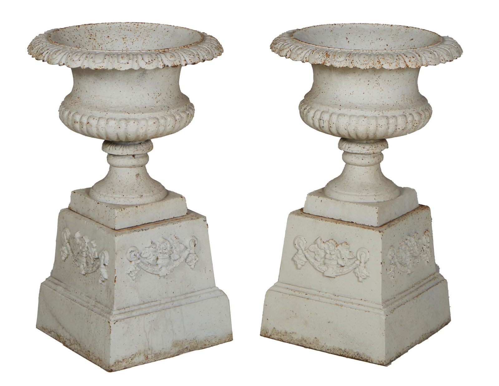 Pair of Cast Iron Campana Form Planters, 20th/21st c., the relief decorated everted rim over tapered (1 of 1)