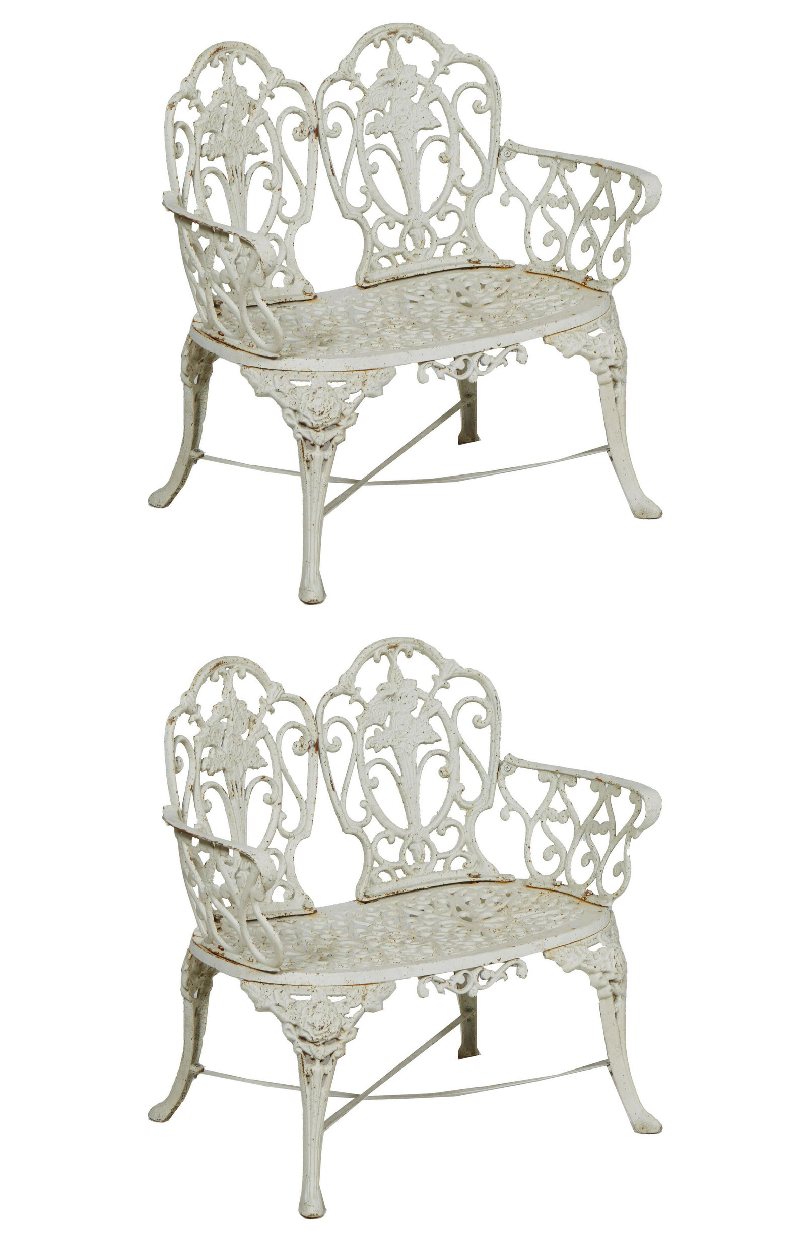Pair of Cast Iron Garden Benches, 20th/21st c., the canted double arched back with pierced scroll: Pair of Cast Iron Garden Benches, 20th/21st c., the canted double arched back with pierced scroll and floral decoration, flanked by pierced scrolled arms, to a pierced seat, ,on pierced floral cabriol