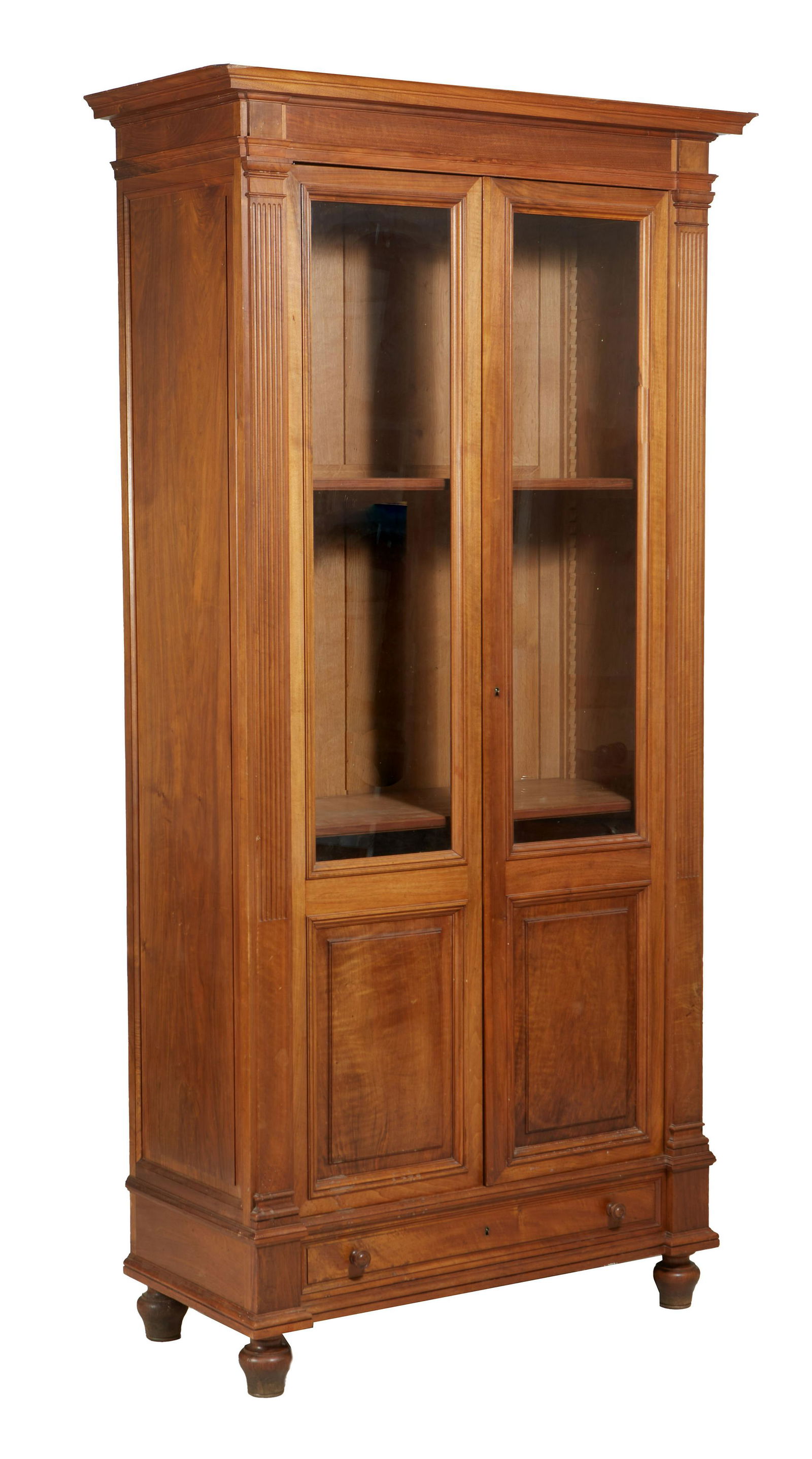 French Provincial Carved Walnut Bookcase, c. 1870, the stepped crown over double doors with glazed (1 of 1)