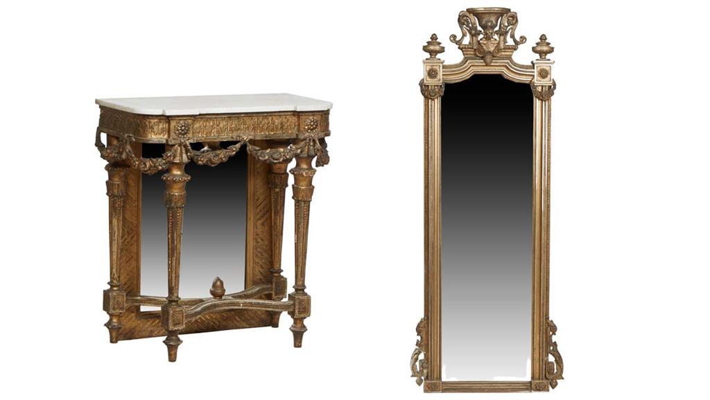 Gilt and Gesso Pier Mirror, late 19th c., the crown surmounted by a raised demilune pedestal (1 of 4)