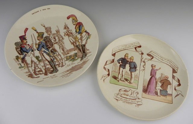 Two French Plates, 19th c., consisting of "Fevrier,: Two French Plates, 19th c., consisting of "Fevrier," by Creil, from the Horoscope series, and one by Sarreguemines, depicting Napoleon's army.