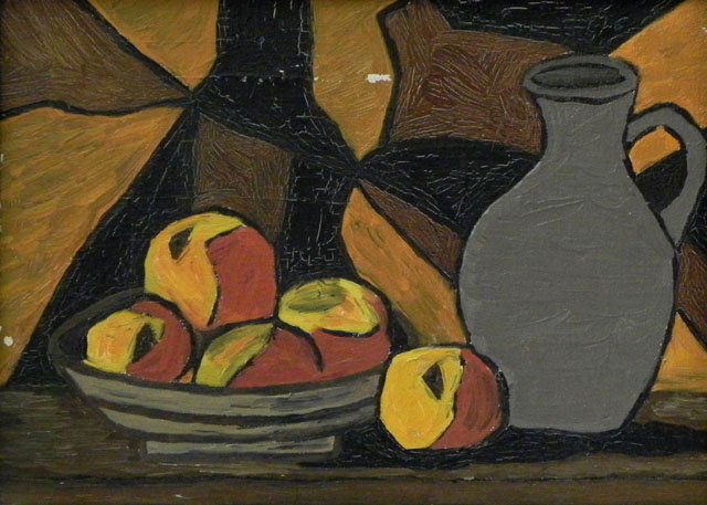 German School, "Cubist Still Life," c. 1958, oil on: German School, "Cubist Still Life," c. 1958, oil on canvas, framed, H.- 8 1/2 in., W.- 11 1/2 in.