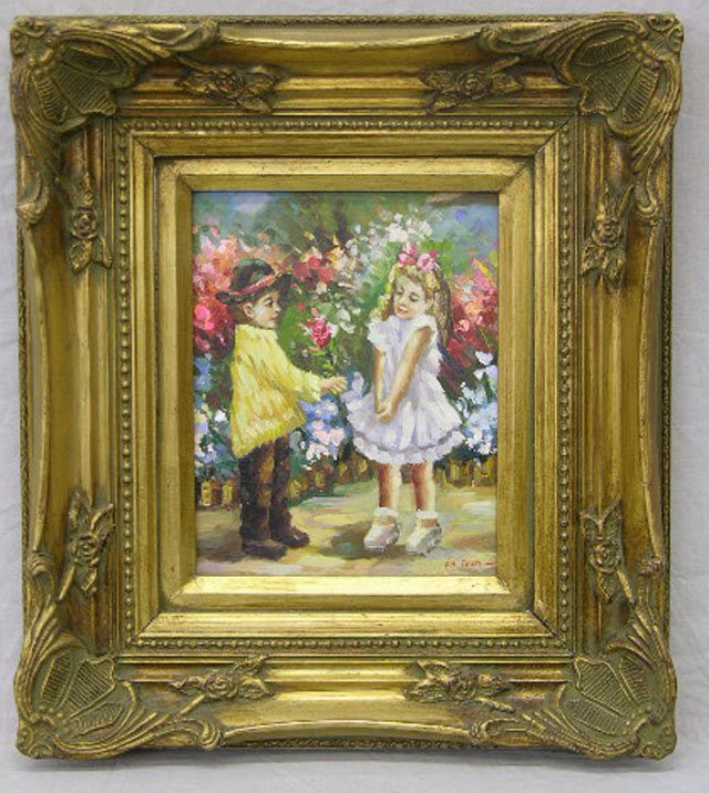 Continental School, "Two Children in a Rose Garden: Continental School, "Two Children in a Rose Garden," 20th c., oil on canvas, signed l.r. "La Toun," presented in a gilt frame, H.- 10 in., W.- 8 in.