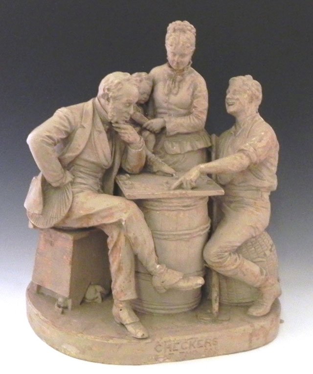John Rogers, "Checkers Up At The Farm," 19th c., p: John Rogers, "Checkers Up At The Farm," 19th c., patinated plaster, titled and signed on the base, H.- 21 in., W.- 17 1/2 in., D.- 12 1/2 in.