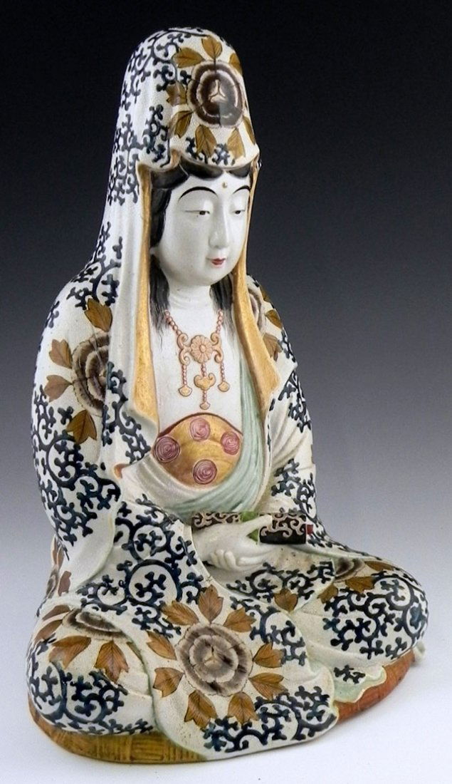 Large Oriental Polychromed Seated Earthenware Figu: Large Oriental Polychromed Seated Earthenware Figure, early 20th c, of man holding a scroll, H.- 16 in., W.- 10 in., D.- 7 1/2 in.