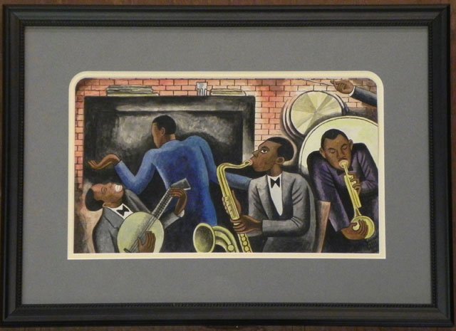 Aaron Johnson, "Negro Jazz Band," 1954, watercolor: Aaron Johnson, "Negro Jazz Band," 1954, watercolor, signed and dated l.r., framed, H.- 7 1/4 in., W.- 12 3/8 in.
