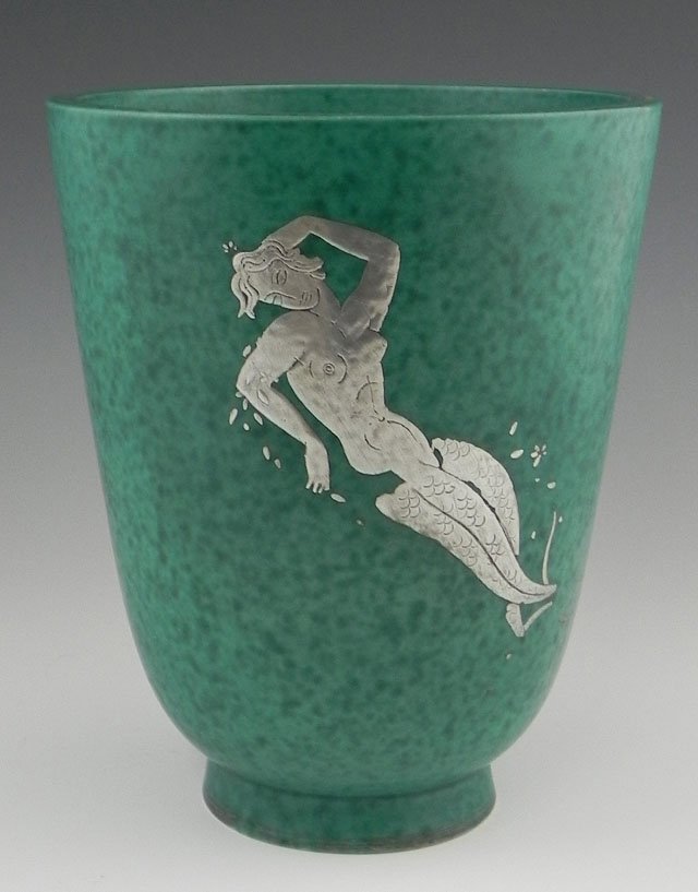 Swedish Gustavsberg Silver Overlay Green Vase, 20t: Swedish Gustavsberg Silver Overlay Green Vase, 20th c., with a figure of a mermaid, the rim with traces of silver overlay, the underside marked "Gustavsberg, Argenta, 925, DQ, made in Sweden," H.- 8 i