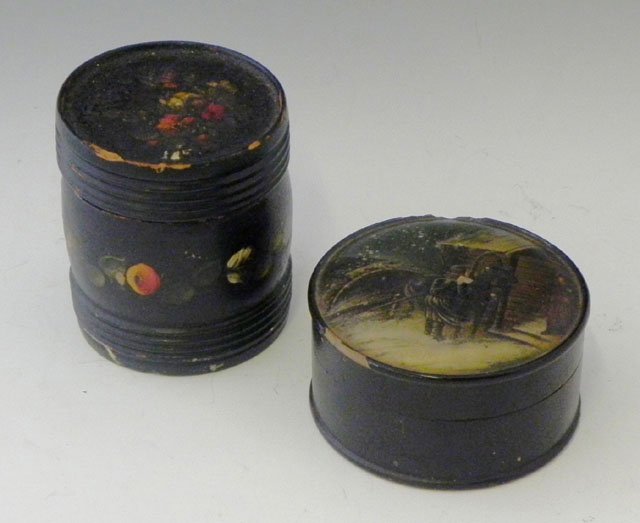 Two Russian Black Lacquer Papier Mache Circular Bo: Two Russian Black Lacquer Papier Mache Circular Boxes, 19th c., one with a winter scene, the interior with a maker's stamp, the other of barrel form with floral decoration.