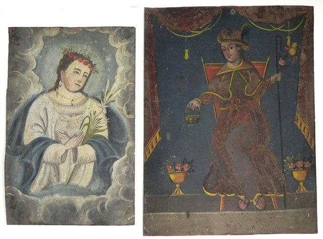Two South American Retablos, 19th c., oil on tin,: Two South American Retablos, 19th c., oil on tin, one of Mary, the other of a seated king holding a basket, unframed.