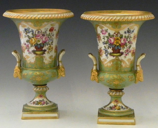 Pair of Rockingham Campana Form Handled Urns, earl: Pair of Rockingham Campana Form Handled Urns, early 19th c., the underside marked "Rockingham, Works, Brameld, Manufacturers to the King," in brown, with gilt decoration and tracery, with gilt rams' h