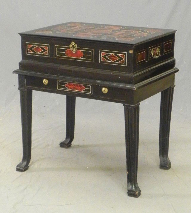 Unusual English Ebonized Table Top Display Cabinet: Unusual English Ebonized Table Top Display Cabinet, 19th c., with bone and faux tortoise shell inlay, the sides with brass carrying handles, the interior with a lift out glass top display case, on a c