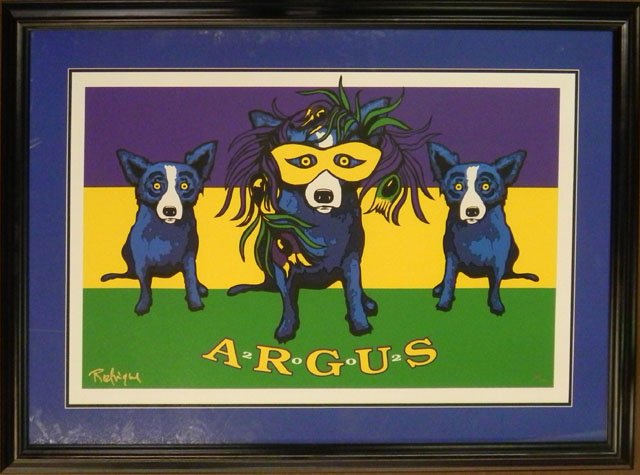 George Rodrigue (1944- ), "Argus Blue Dog," 2002: George Rodrigue (1944- ), "Argus Blue Dog," 2002, poster for the Krewe of Argus, signed l.l., framed, H.- 22 in., W.- 34 in.