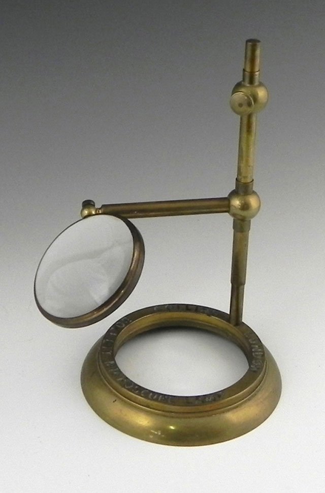 Bockett Microscope Lamp Stand, 19th c., by Collins: Bockett Microscope Lamp Stand, 19th c., by Collins, London, with magnifier but lacking the burner, together with a microscope illuminating mirror. (2 Pcs.)
