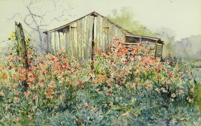 Robert Rucker (1932-2000), "The Shed by the Horse : Robert Rucker (1932-2000), "The Shed by the Horse Barn," 1970, watercolor, signed and dated l.r., painted for Dr. Nelson by Rucker, framed, H.- 14 1/4 in., W.- 21 1/8 in., from the collection of Dr. J