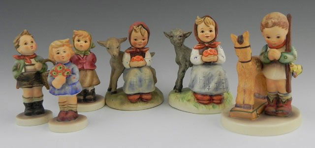 Group of Six Hummel Figurines" Good friends, # 18: Group of Six Hummel Figurines" Good friends, # 182; Girl with Nosegay, #239a; Village Boy, # 51; Waiter, # 153; Good Friends, # 182; and Clear as a Bell, # 2181.