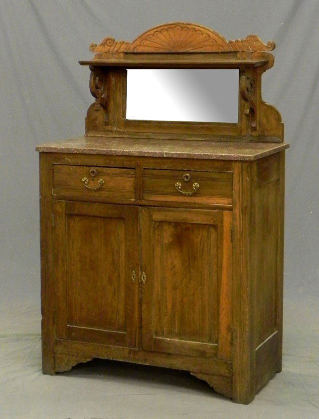 American Late Victorian Marble Top Sideboard, c. 1: American Late Victorian Marble Top Sideboard, c. 1900, the back splash with a shelf over a mirror, on a base with two frieze drawers over double cupboard doors, H.- 55 in., W.- 38 1/2 in., D.- 18 1/2