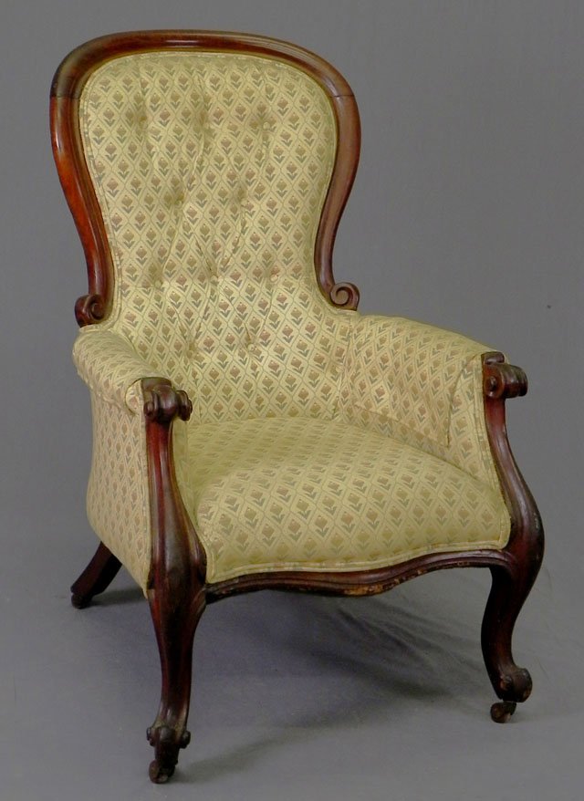 Victorian Carved Mahogany Tub Chair, 19th c., with: Victorian Carved Mahogany Tub Chair, 19th c., with a curved back to scrolled arms over a bowed seat, on large cabriole legs, H.- 42 5/8 in.