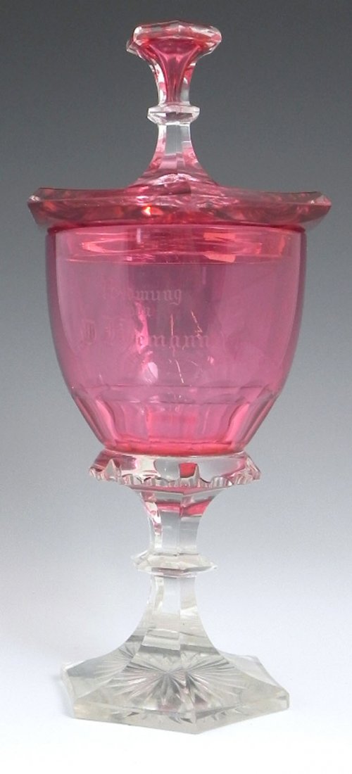 German Cut Crystal Cranberry Covered Footed Urn, 1: German Cut Crystal Cranberry Covered Footed Urn, 1846, the sides with an engraved dedication " From D. Klemann, to the Royal Magistrate Herrn Engel on Occasion of his 61st Birthday, 25th November, 184