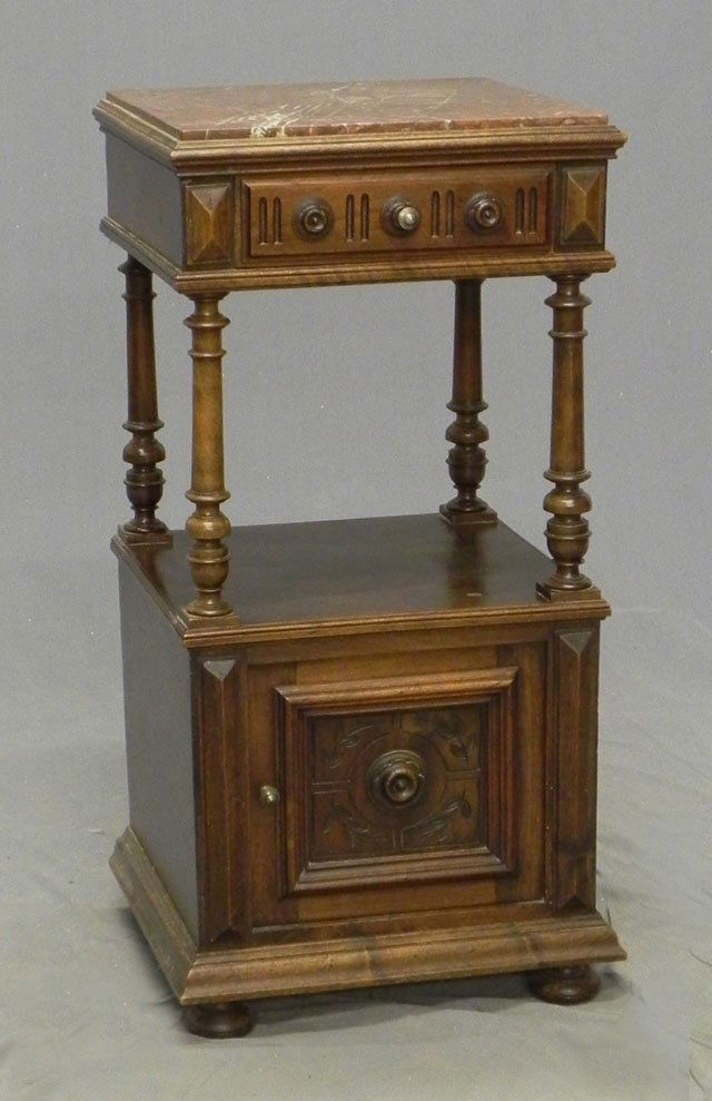 Henri II Style Carved Walnut Marble Top Night Sta: Henri II Style Carved Walnut Marble Top Night Stand, c. 1900, the inset highly figured rouge marble, over a reeded frieze drawer, on turned supports to a lower shelf, over a marble lined pot cupboard,