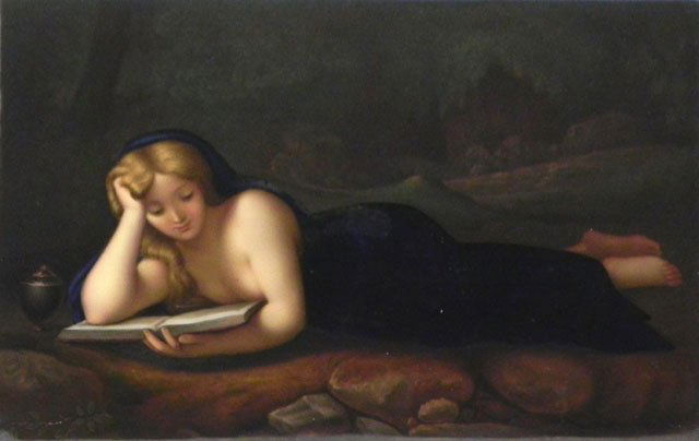KPM Porcelain Plaque, 19th c., of a draped classi: KPM Porcelain Plaque, 19th c., of a draped classical nude beauty in repose, reading in a landscape, verso impressed "KPM," and "H," unframed, H.- 6 3/8 in., W.- 9 1/4 in.