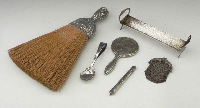 Group of Six Sterling Items, consisting of a ster: Group of Six Sterling Items, consisting of a sterling repousse handle whisk broom, a small hand mirror, an arts and crafts hammered mint tray, a Victorian chatelaine pencil marked Offner, a turquoise
