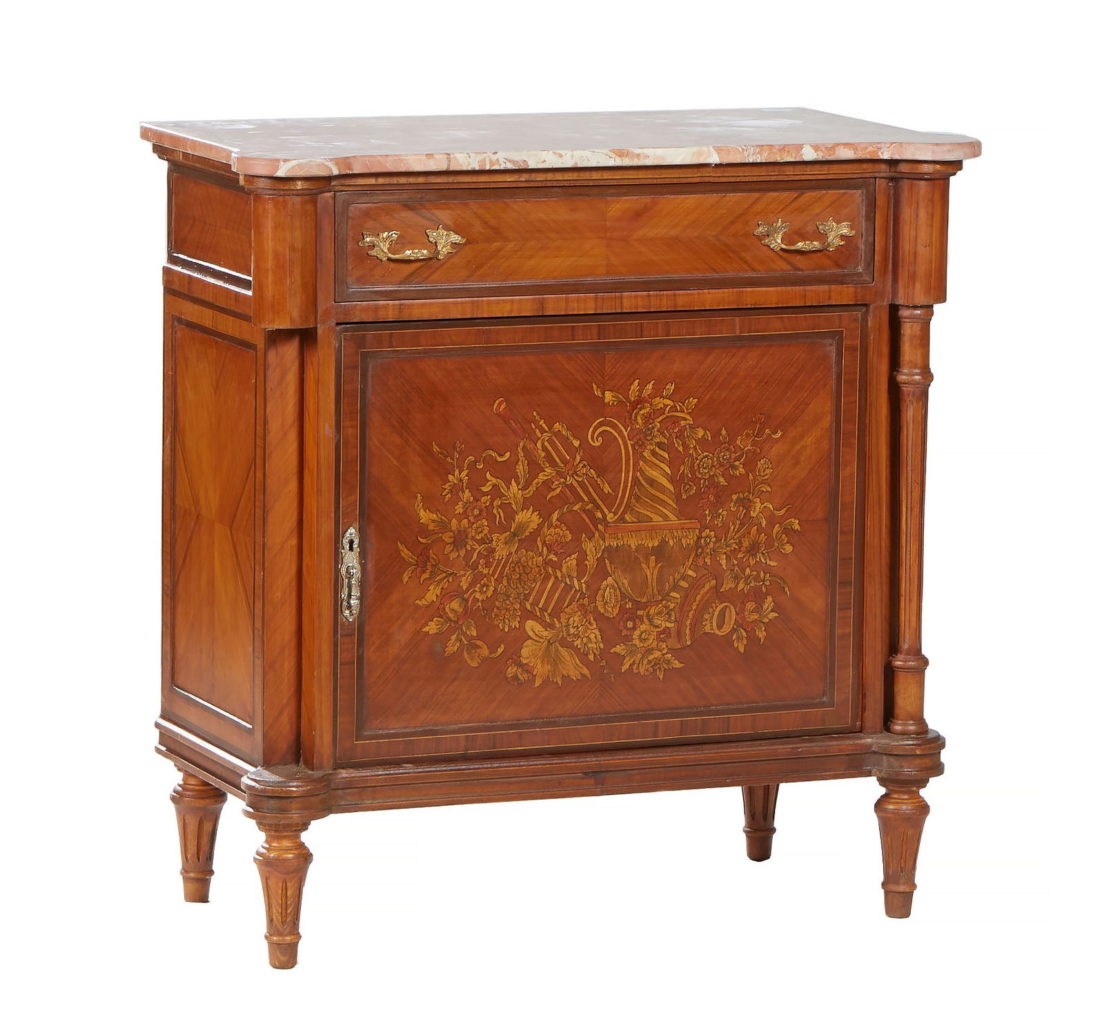 Louis XVI Style Carved Inlaid Mahogany Marble Top Cabinet, 20th c. H.- 35 7/8 in., W.- 35 1/4 in., D (1 of 1)