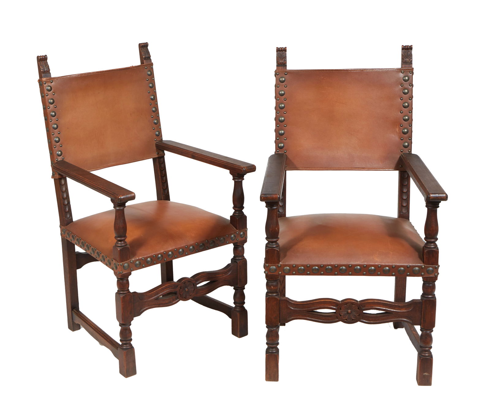 Pair of French Henri II Style Carved Oak Armchairs, c. 1880 H.- 43 3/4 in., W.- 23 in., D.- 24 in. ( (1 of 1)