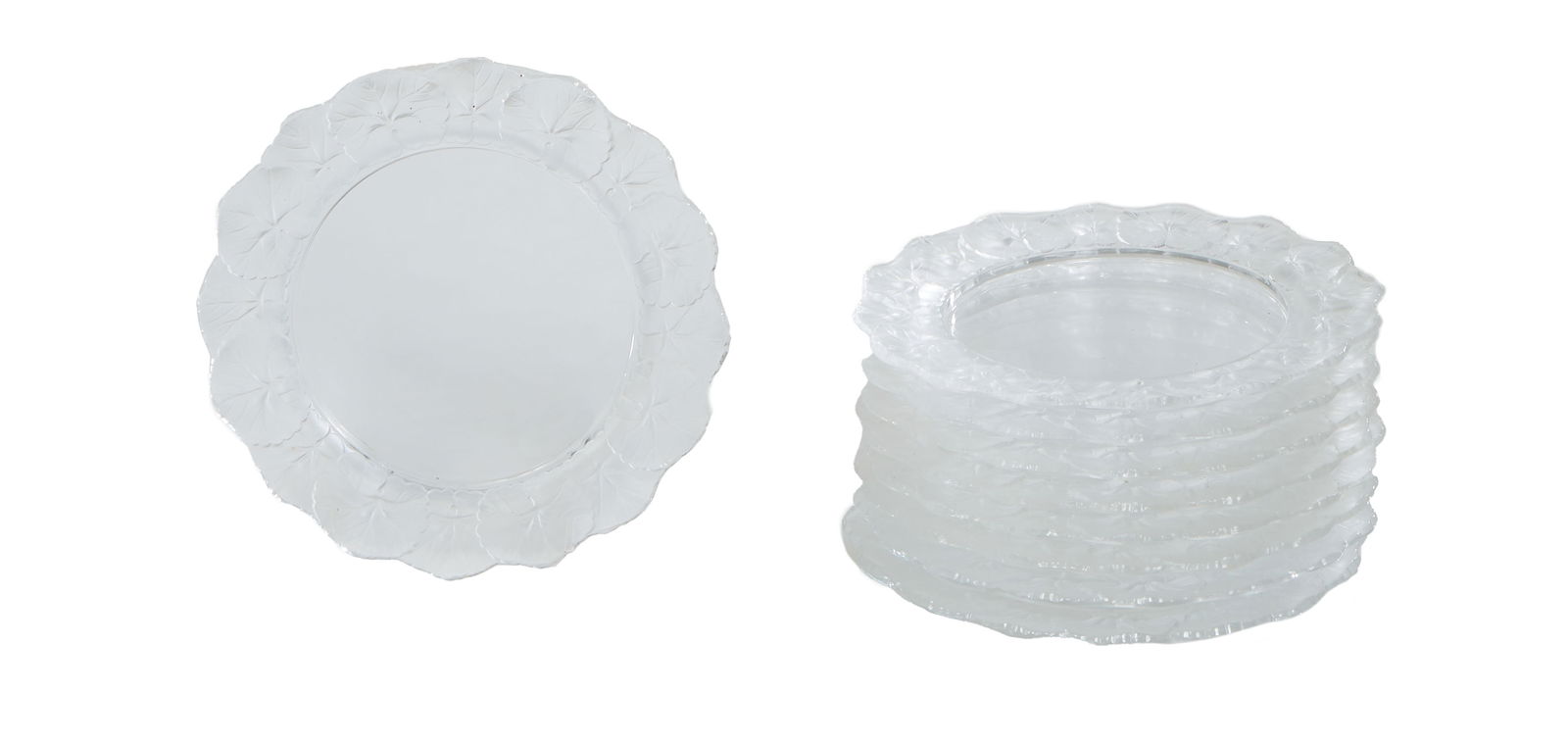 Set of Nine Lalique Clear and Frosted Crystal Honfleur Dessert Plates, c. 1970 H.- 3/4 in., Dia.- 8 (1 of 1)
