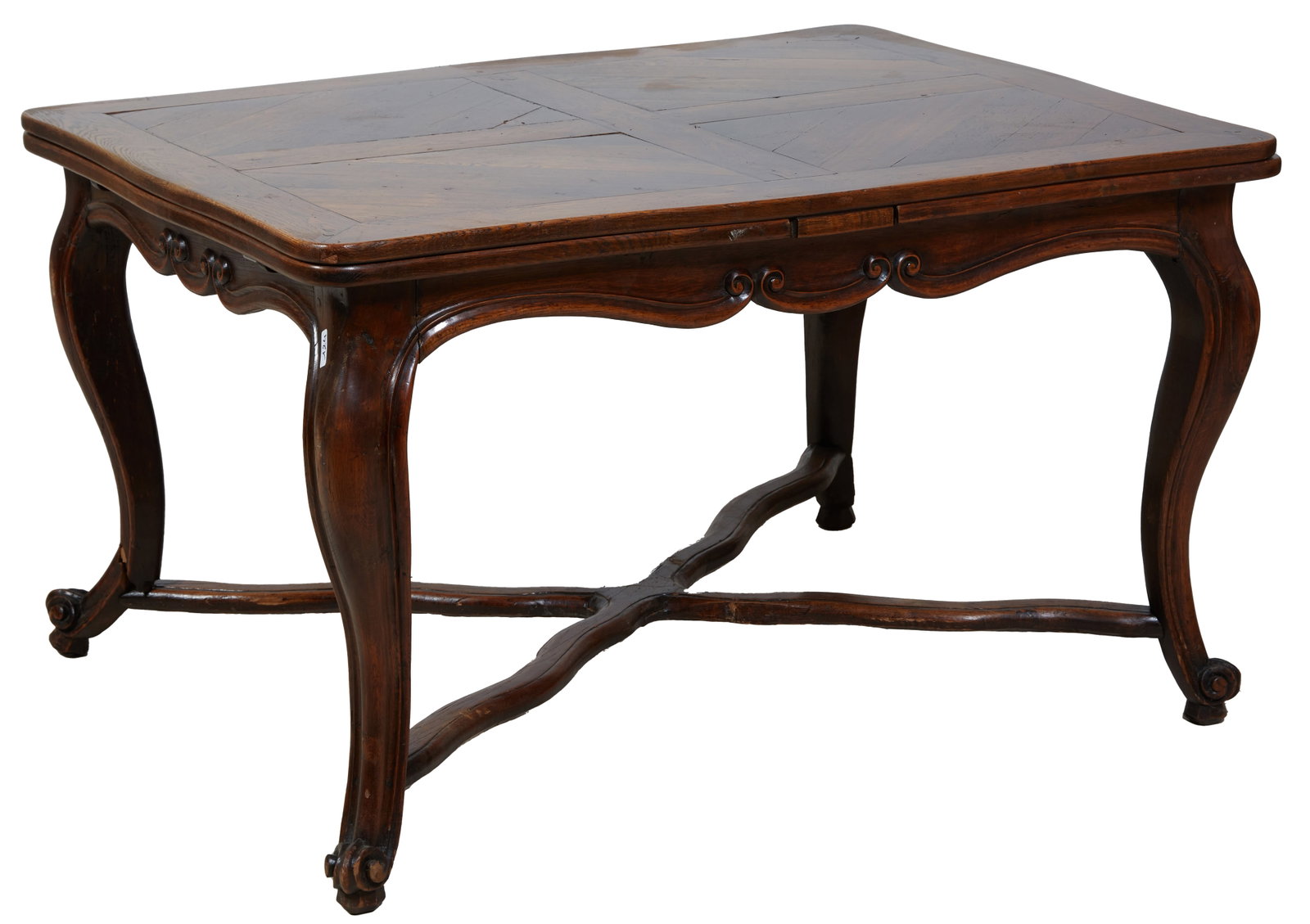French Louis XV-Style Carved oak Drawer Leaf Table, late 19th c. H.- 27 3/4 in., W.- open 49 in, clo: French Louis XV-Style Carved Oak Drawer Leaf Table, late 19th c., the serpentine arched top over two drawer leaves, above a serpentine skirt, on an x-form stretcher, to scrolled cabriole legs, H.- 27 