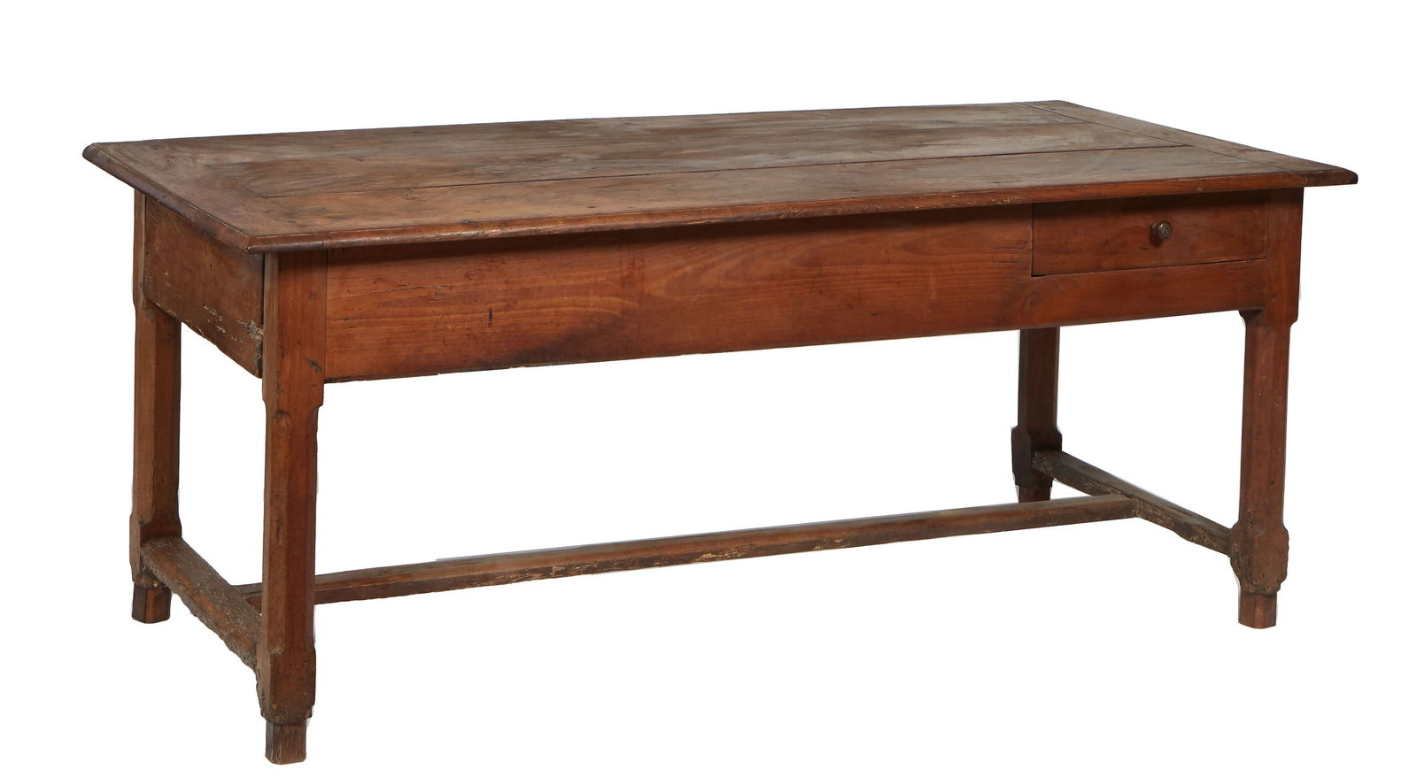 French Provincial Carved Cherry Farmhouse Table, 19th C.: French Provincial Carved Cherry Farmhouse Table, 19th C., the rounded edge rectangular top over a wide skirt, with a deep end drawer, and a shallow drawer on one long side, on chamfered legs joined by