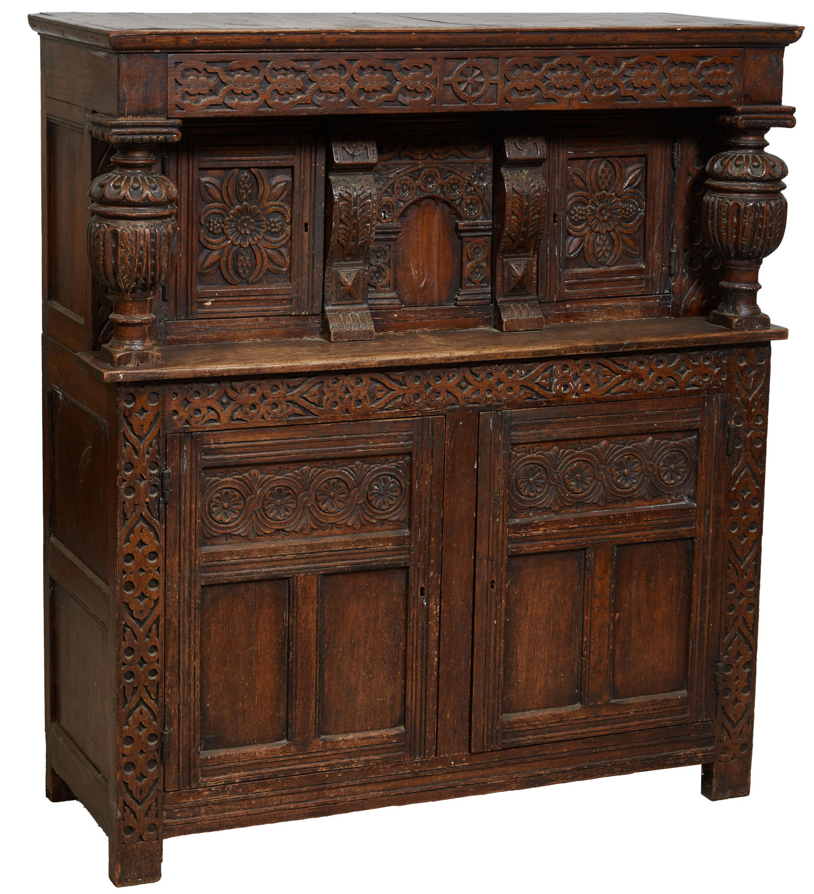 English Jacobean Style Carved Oak Court Cupboard, 19th C. (1 of 10)