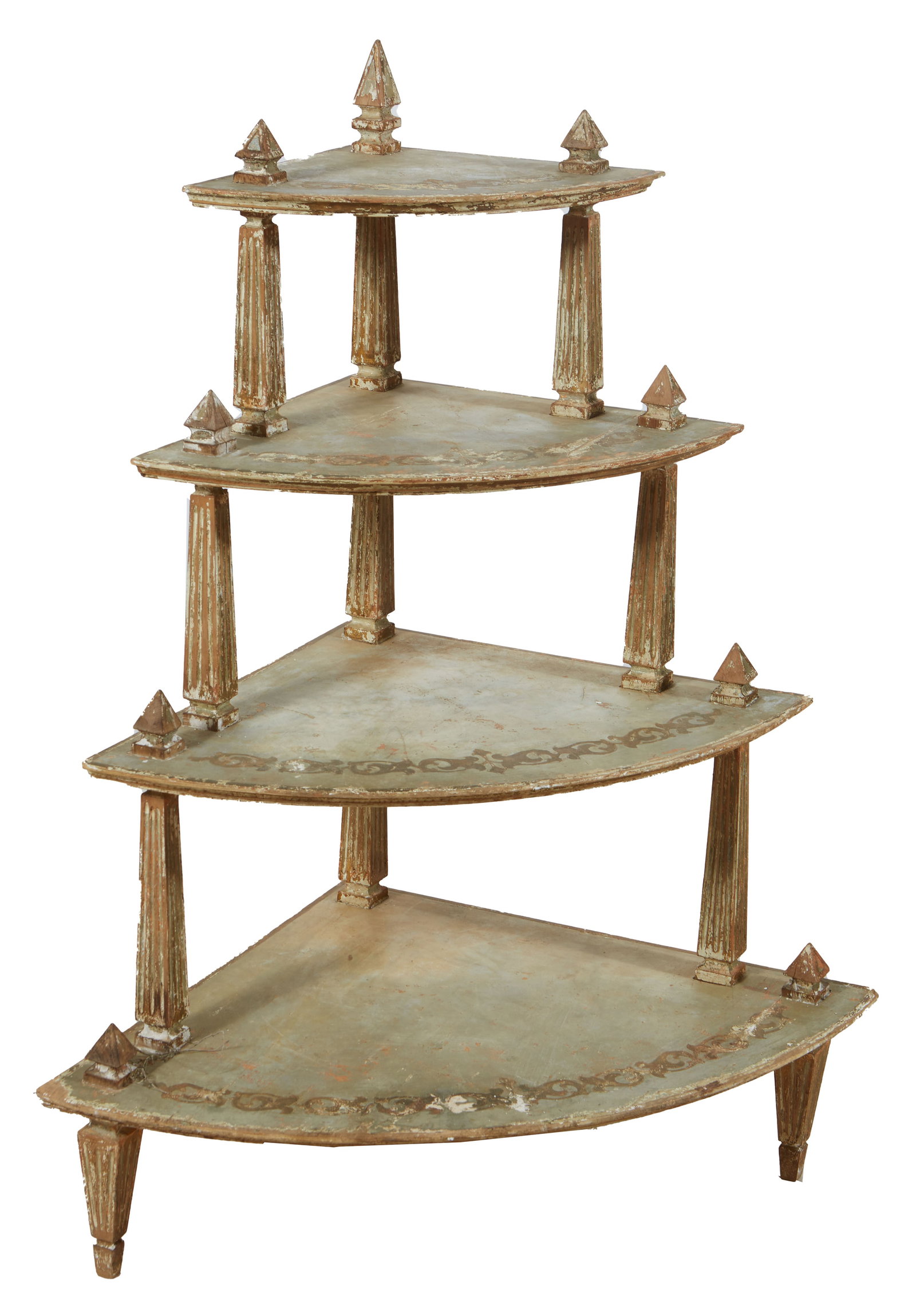 Italian Polychromed and Gilt Corner Etagere, 19th C.: Italian Polychromed and Gilt Corner Etagere, 19th C., with pointed spear tip finials over four graduated demilune shelves, on reeded tapered square supports, on like legs, H.- 46 1/2 in., W.- 28 1/2 i