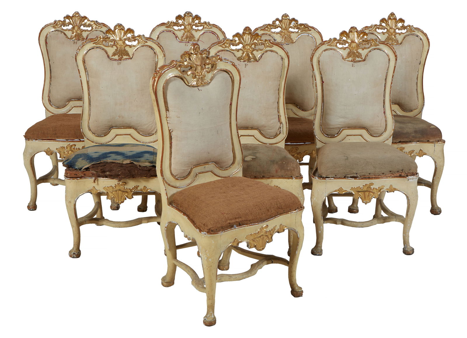 Set of Eight Italian Polychromed and Parcel Gilt Wood Side Chairs, 19th C. (1 of 1)