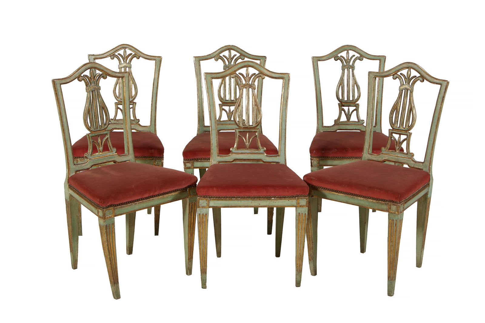 Set of Six Louis XVI Style Polychromed and Parcel Gilt Side Chairs, 19th C. (1 of 1)
