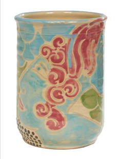 Shearwater Pottery Vase, 20th c., by Patricia Anderson Findeisen: Shearwater Pottery Vase, 20th c., by Patricia Anderson Findeisen, with bright floral decoration, incised on the underside "D/P," H.- 6 in., Dia.- 4 1/4 in.