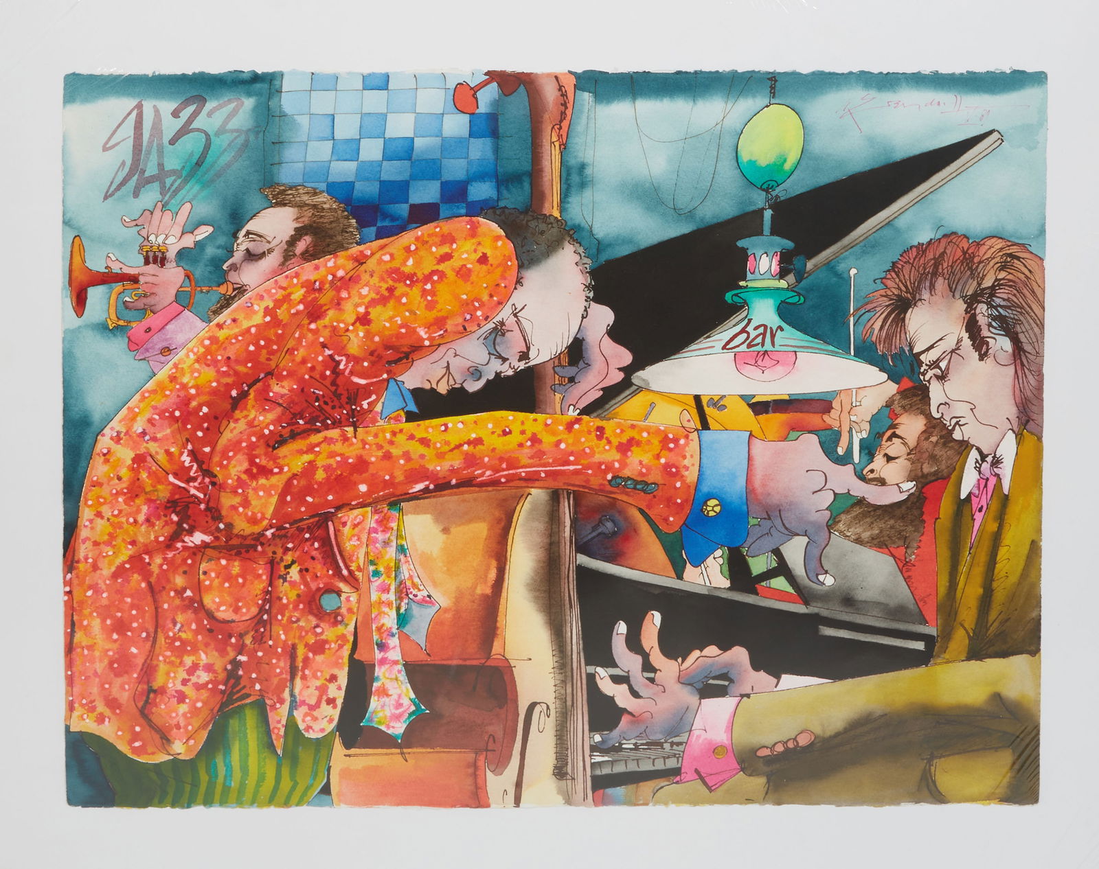 Leo Meiersdorff (American/German, 1934-1994), "Jazz Bar," 1989, watercolor and ink on paper (1 of 2)