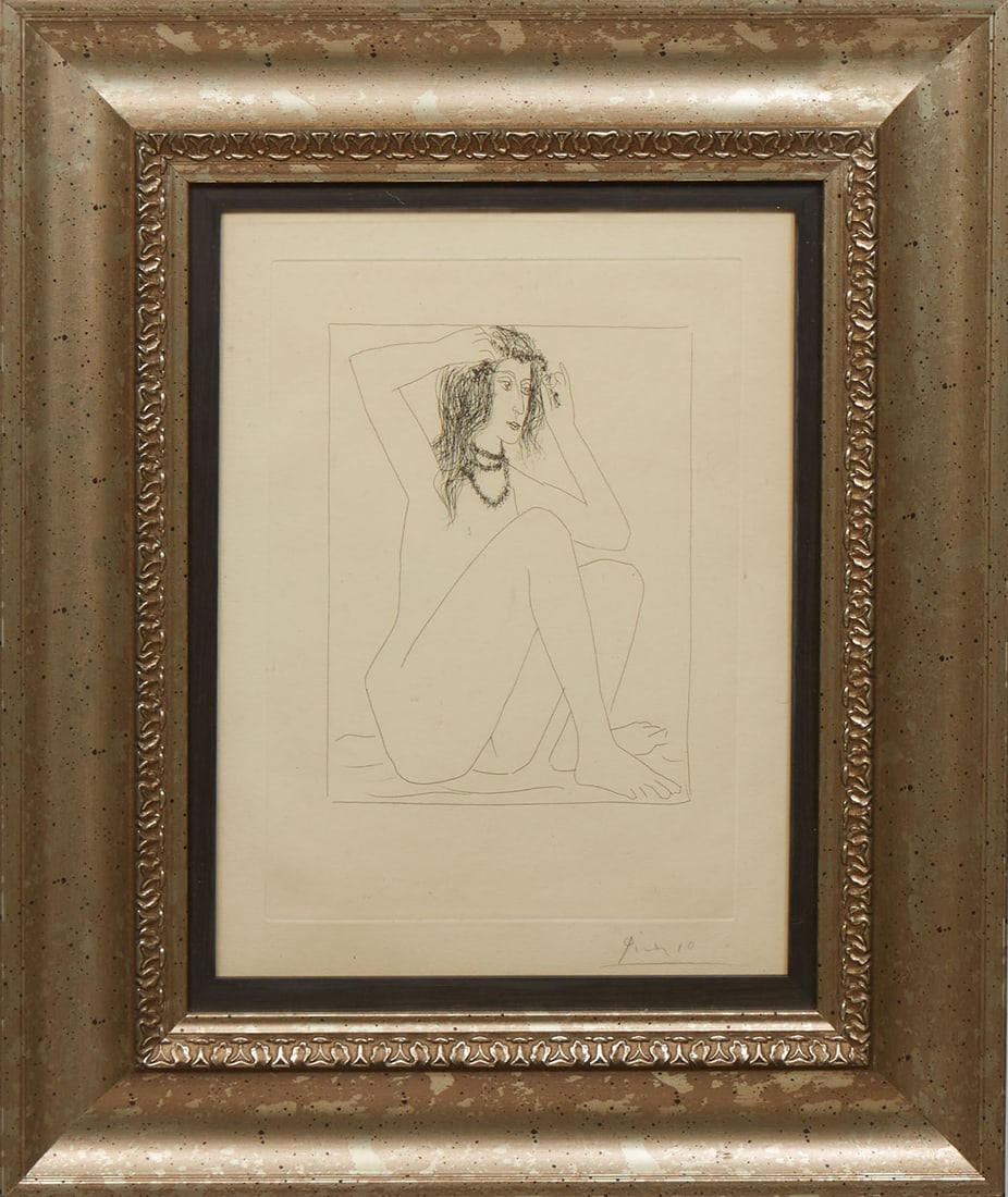 Pablo Picasso (Spanish, 1881-1973), "Femme Nue Se Couronnant de Fleurs," 1930, etching: Pablo Picasso (Spanish, 1881-1973), "Femme Nue Se Couronnant de Fleurs," 1930, etching on Montval laid paper, edition of 50 from the Vollard Suite (Bloch 135, Baer 195), pencil signed lower right, pre