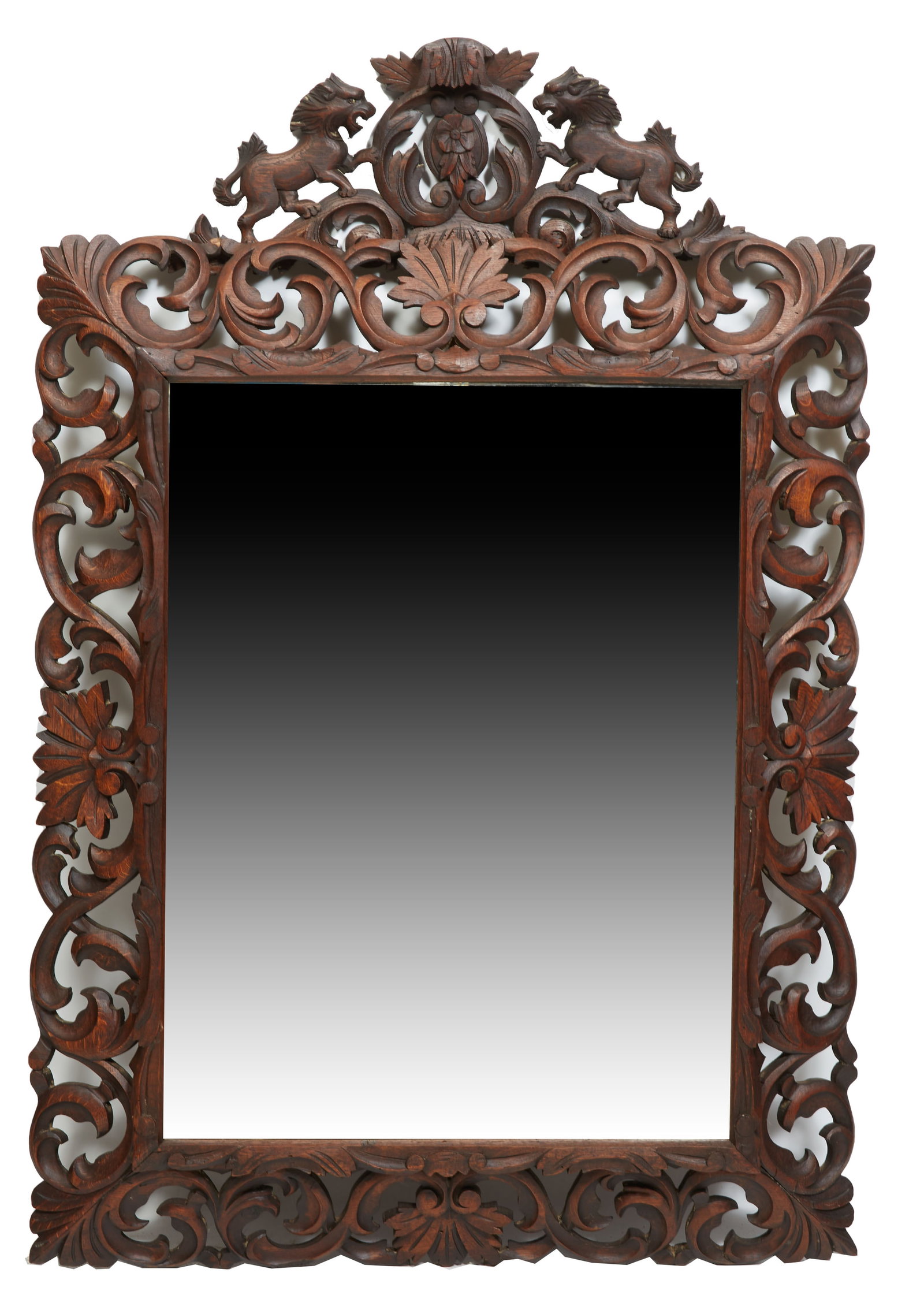 French Henri II Style Carved Beech Cushion Mirror, early 20th c: French Henri II Style Carved Beech Cushion Mirror, early 20th c, with a double lion and egg carved crest above a pierced leaf and scroll frame around a wide beveled mirror plate H.- 54 in., W.- 35 1/2