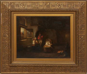 Flemish School, "Interior Genre Scene," 19th c., H.- 15 1/2 in., W.- 18 7/8 in., Framed H.- 27 1/4: Flemish School, "Interior Genre Scene," 19th c., oil on panel, unsigned, with "L.G. Gerardts, Anvers" stamped en verso, presented in a gilt and gesso frame, H.- 15 1/2 in., W.- 18 7/8 in., Framed H.-