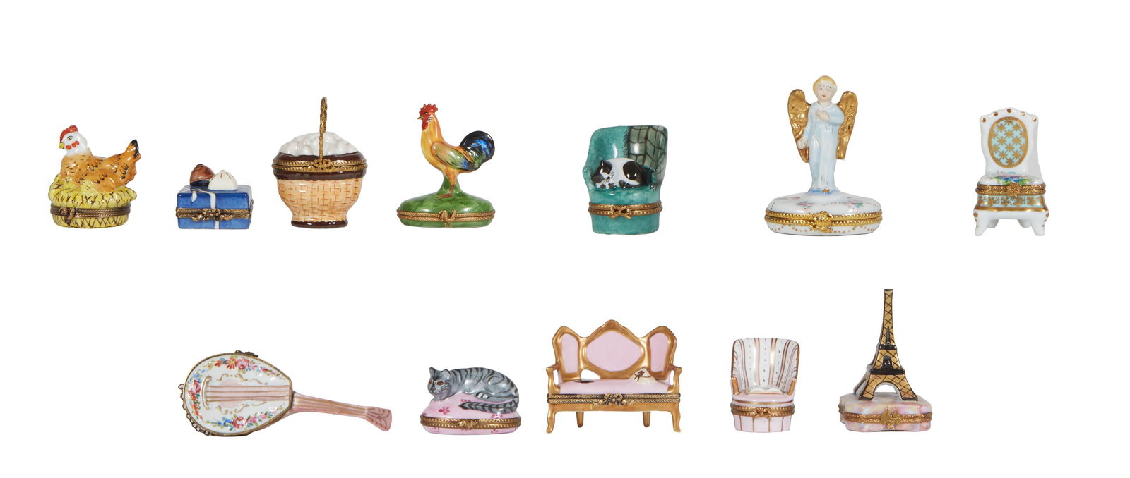 Group of Twelve Limoges Hand Painted Porcelain Pill Boxes, 20th c.: Group of Twelve Limoges Hand Painted Porcelain Pill Boxes, 20th c., consisting of a rooster; a hen, a chair with a book; a chair with a cat on it; a mandolin; an angel; a settee; a side chair; an Eiff