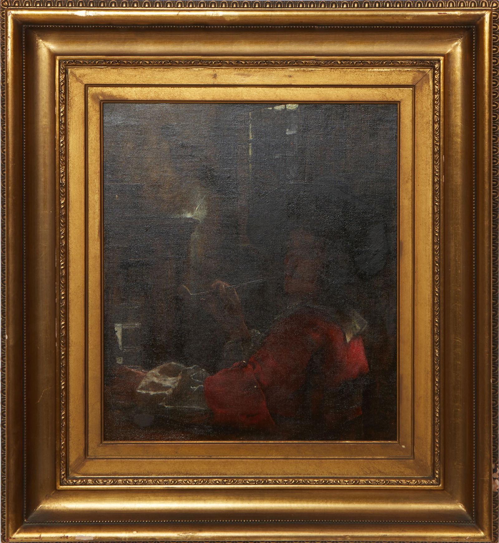 Claus Meyer (German, 1856-1919), "Man Smoking Pipe in Tavern," 1886, H.- 15 7/8 in., W.- 13 7/8: Claus Meyer (German, 1856-1919), "Man Smoking Pipe in Tavern," 1886, oil on canvas, signed and dated "86" upper left, presented in a stepped gilt frame, H.- 15 7/8 in., W.- 13 7/8 in., Framed- H.- 24