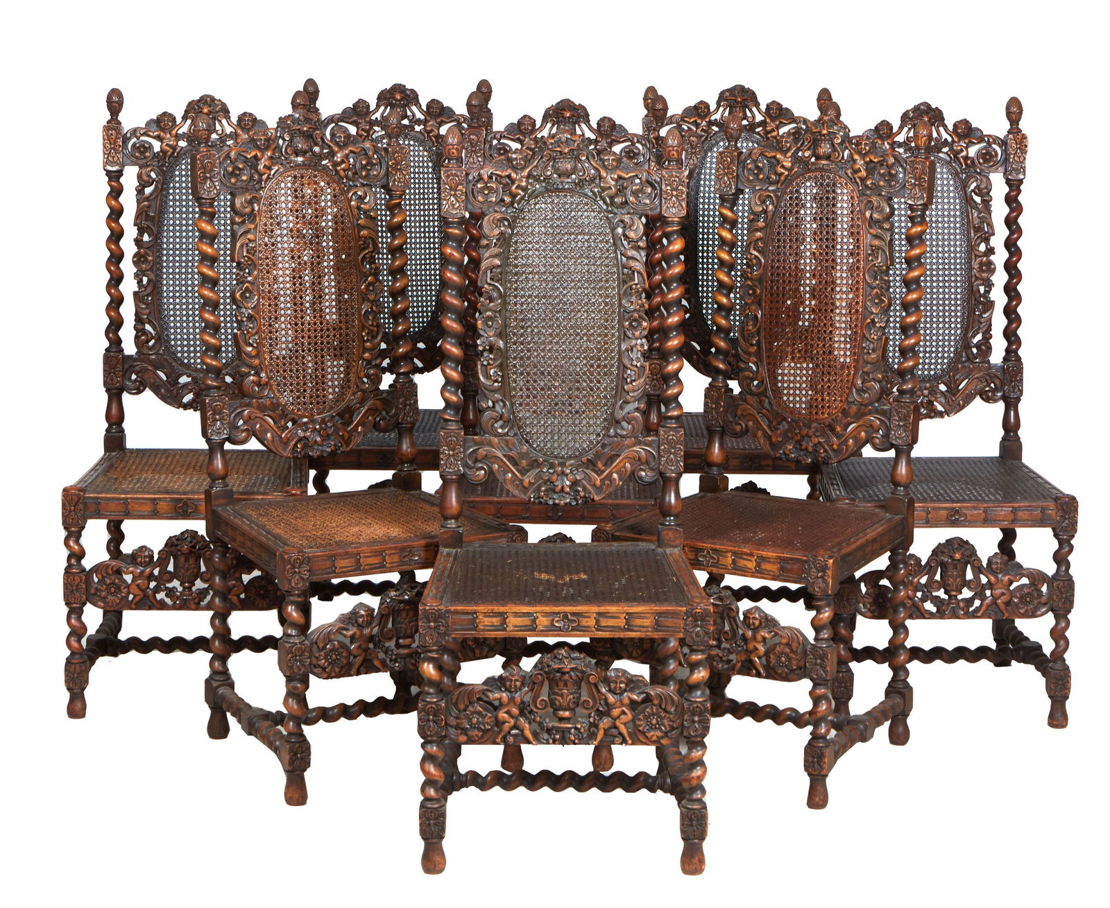 Set of Eight Jacobean Style Carved Oak Dining Chairs, late 19th c., H.- 48 in., W.- 19 in., D.- 19 (1 of 3)