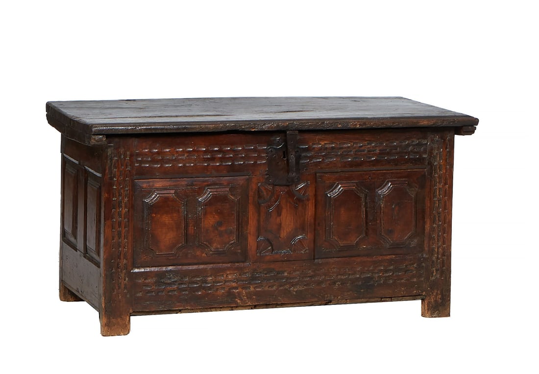 French Renaissance Style Carved Oak and Pine Coffer, early 19th c., H.- 26 1/4 in., W.- 50 in., D.- (1 of 2)